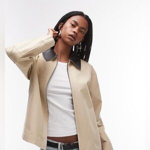 NWT Mango Faux Leather Collar Chore/Barn Jacket Distressed Beige Color Size S